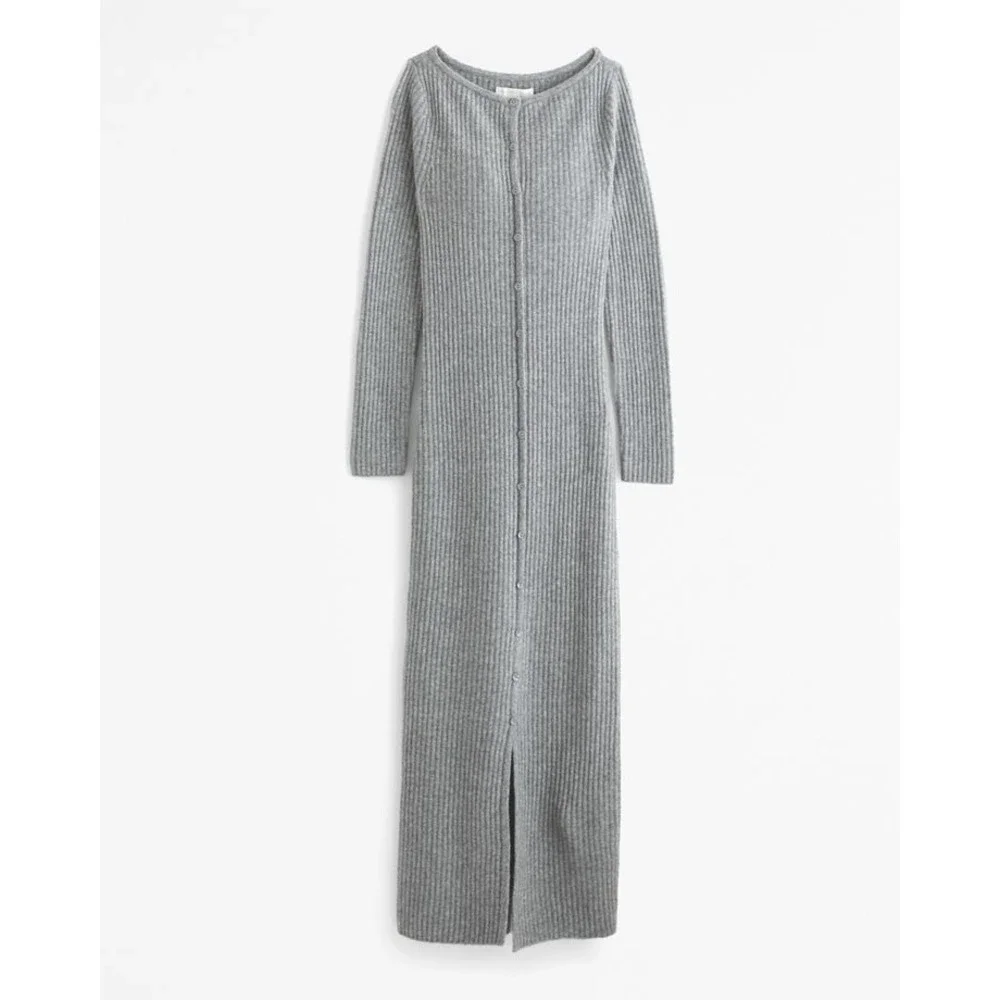 Abercrombie & Fitch Giselle Grey Merino Wool Ribbed Button Front Maxi Dress SM
